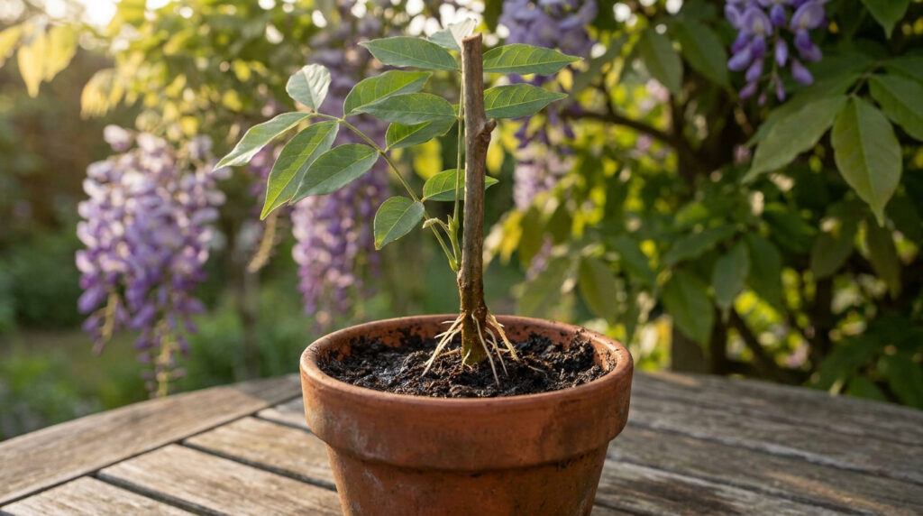 Bouture de glycine en pot en terre cuite avec racines visibles à la base de la tige, dans un jardin fleuri.