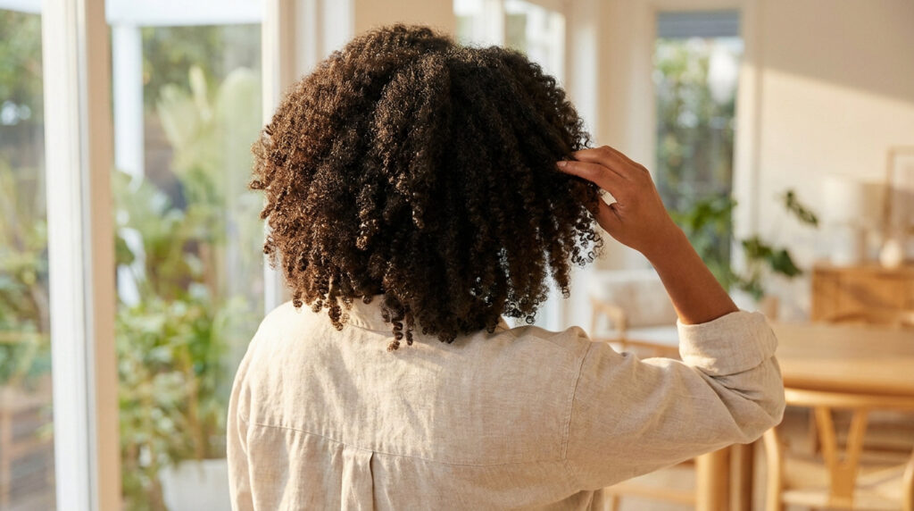Vue de dos d'une femme aux cheveux crépus naturels touchant ses boucles dans une pièce lumineuse.