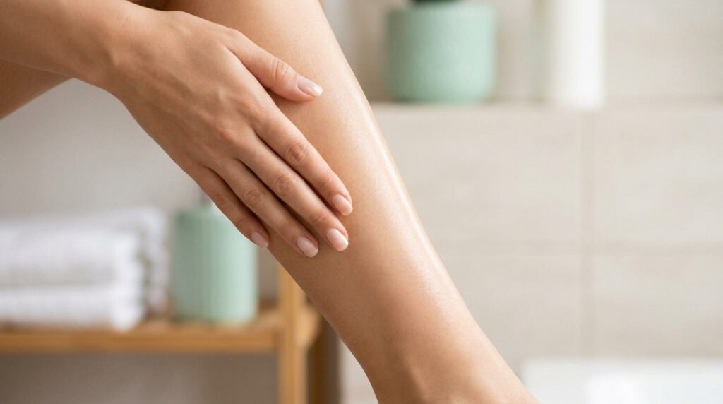 Une femme caresse sa jambe lisse et hydratée dans une salle de bain lumineuse après une séance d'épilation.