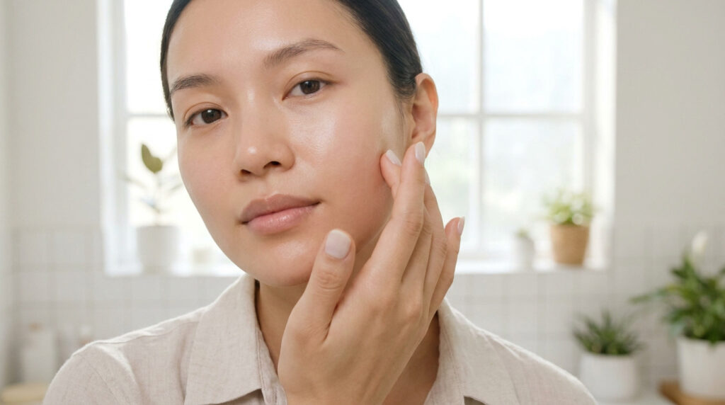 Jeune femme touchant doucement sa joue pour montrer sa peau lisse et éclatante.