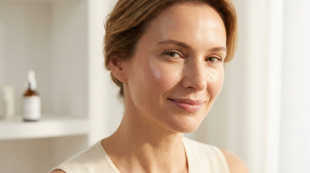 Portrait d'une femme souriante à la peau lisse et lumineuse, avec un flacon de soin en arrière-plan.