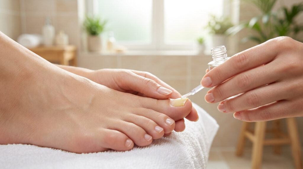 Une esthéticienne applique un soin traitant sur un ongle de pied présentant une coloration jaunâtre.