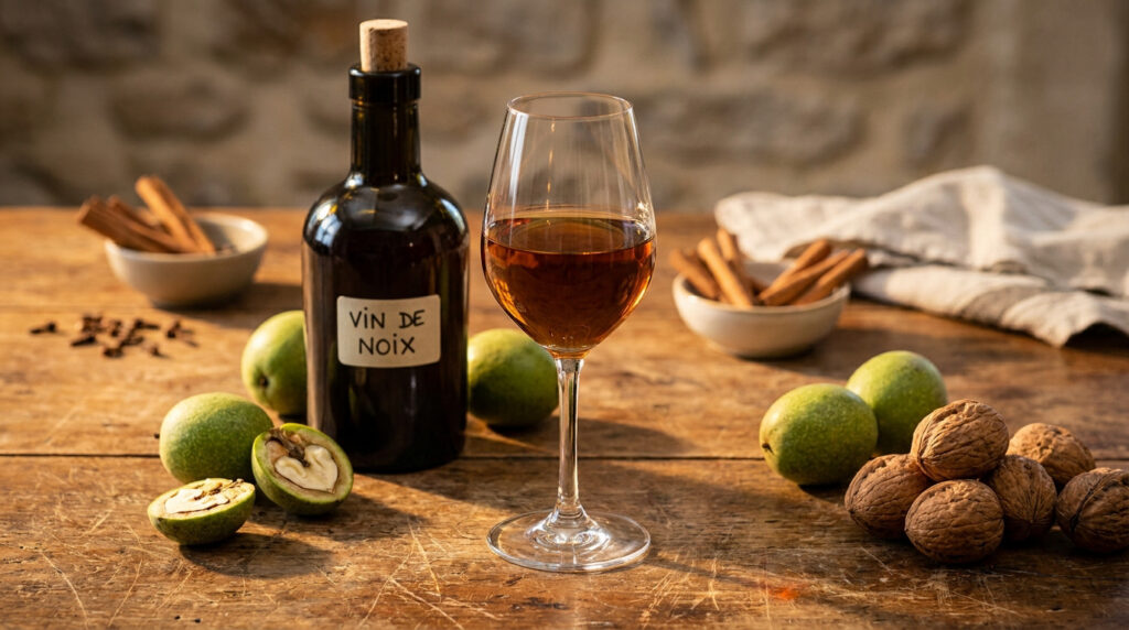 Une bouteille de vin de noix et un verre rempli sur une table en bois avec des noix fraîches et des bâtons de cannelle.